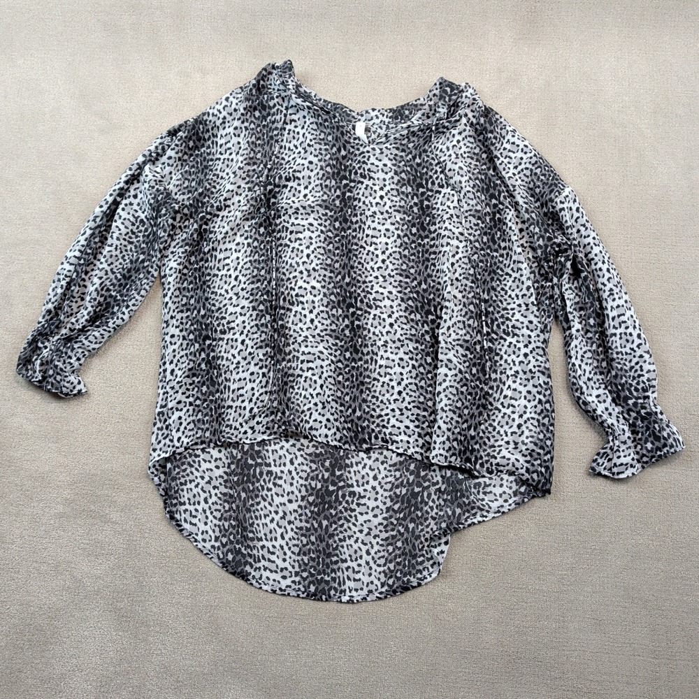 Glam Size S Women Gray Leopard Animal Print Sheer Chiffon V-Neck Blouse GT2011